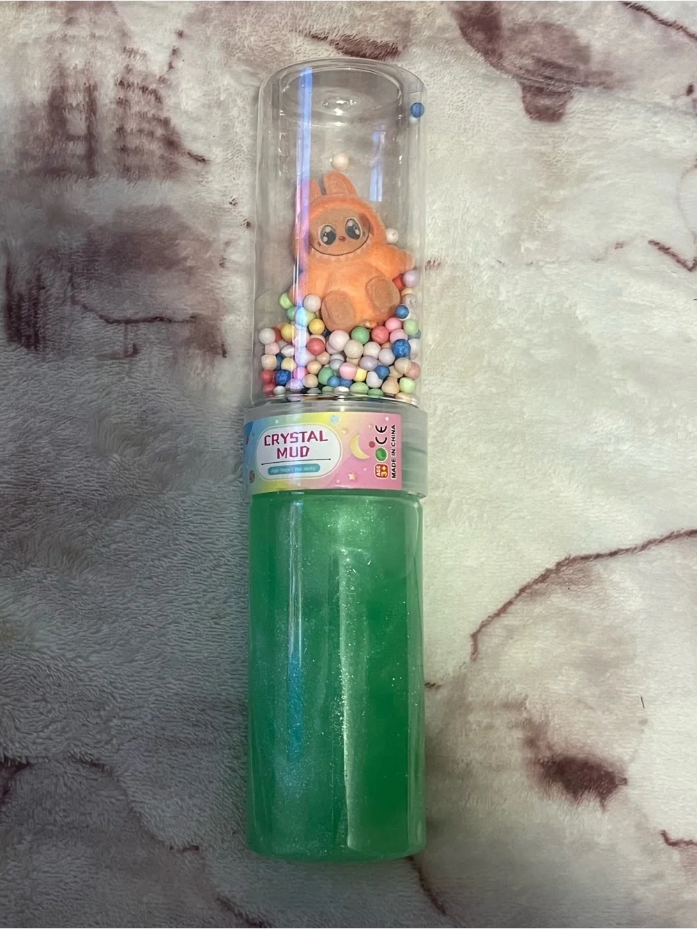 Crystal Mud Kids Slime Toy with Green Glitter Mud and Orange Plush